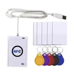 Nfc leitor usb acr122u sem contato inteligente ic cartão e escritor rfid copiadora duplicador 5 pces uid mutável tag cartão chave fob