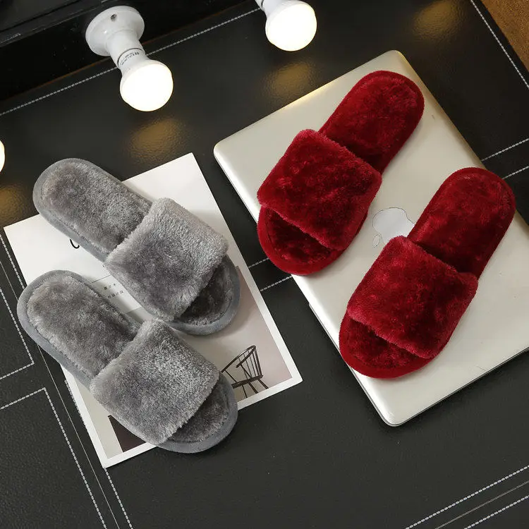 

Womens open toe home slippers Autumn Winter Fashion Fur home shoes EVA soft Non-slip Furry fuzzy slippers slides