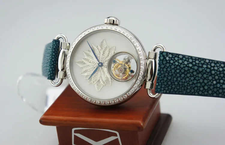 Женские часы Seagull tourbillon с серебряным перламутровым циферблатом, синий кожаный ремешок из вогнутой кожи, 719.18.8100L, ручной Ветер