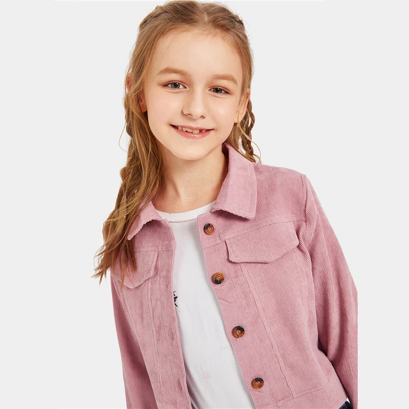 SHEIN Kiddie/Розовая однобортная куртка на пуговицах для девочек, пальто для подростков, коллекция года, осенние куртки с отложным воротником