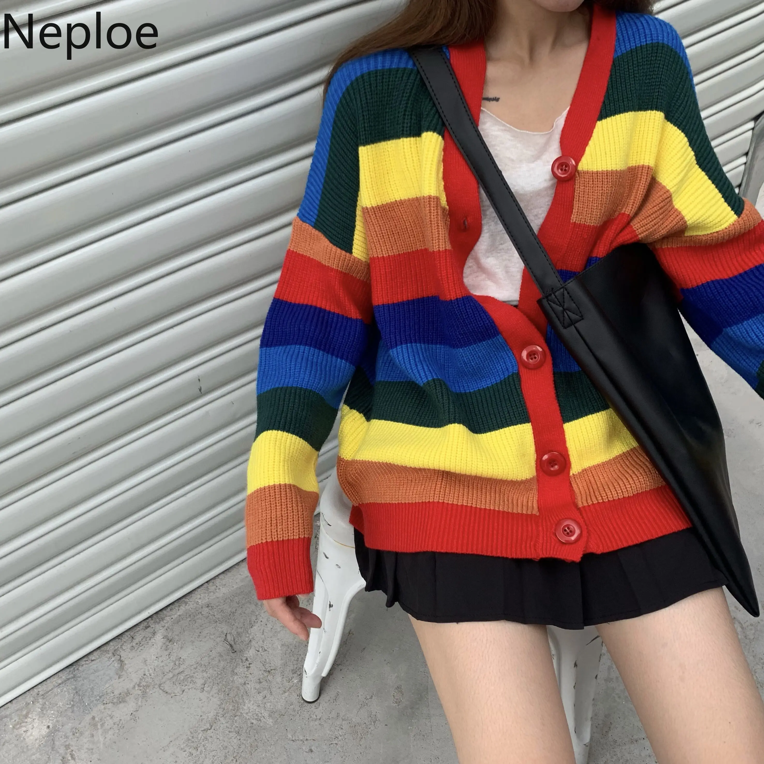 Neploe Pull Femme свободного покроя в полоску цветов радуги Трикотажный Кардиган с длинным рукавом Свитер с V-образным вырезом пальто осень Для женщин средней длины куртка-джемпер 54393