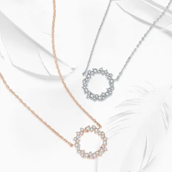 Trendy 925 Sterling Silver Round Necklace Set Shiny Full Zircon Circle Pendant Necklaces Gift For Women Fine Accessories NK069