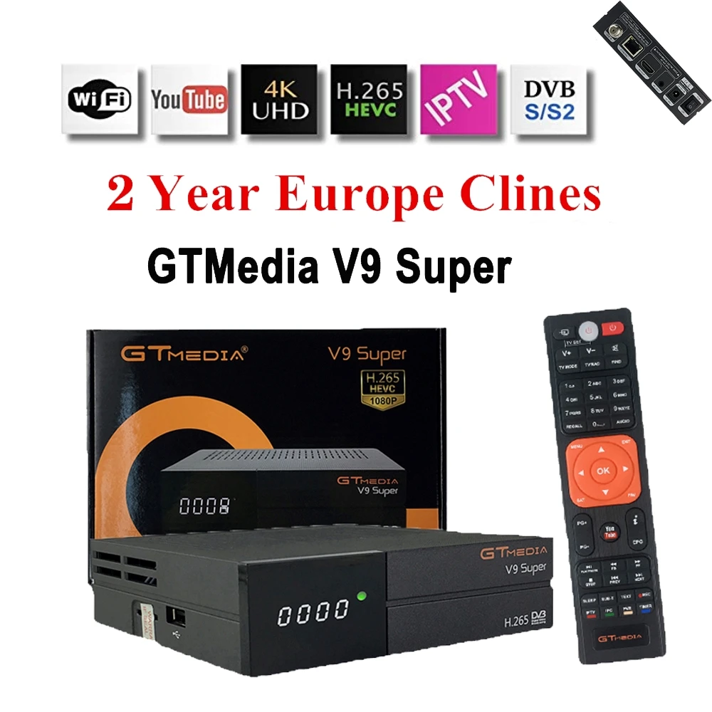 

The best GTMEDIA V9 Super TV satellite receiver + one year free European 7-line cccam built-in WIFI power supply USB2.0 decoder