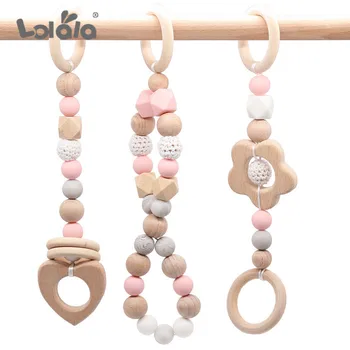 

Baby Play Gym Accessorie 3pc Chew Silicone Beads DIY Teether Jewelry Nursing Pendants Baby Toys Rattle Wooden Safe For Teething