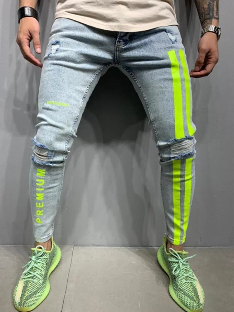 Jeans Men Skinny Striped Zipper Denim Hole Wash Vintage Hip Hop Work Trousers Slim Printed jeans European Big Size