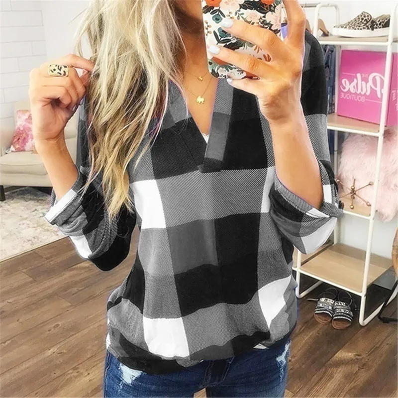 

European and American Women's New Hot Spring and Autumn Shirt Plaid Printed V-neck Long-Sleeved Shirt