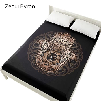 

3D Bed Sheets On Elastic Band Bed,Fitted Sheet 160x200,Mattress Cover for bed.Bedsheet Bedding,Linen Black golden Hamsa Hand sun