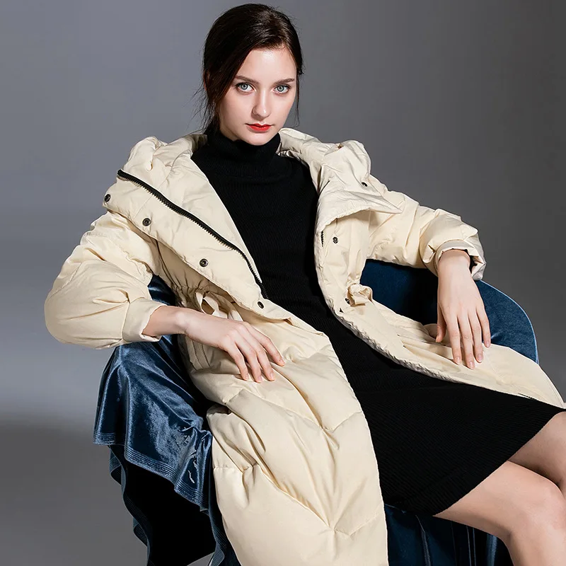 YNZZU зимняя элегантная женская куртка на 90% белом утином пуху Длинная утепленная теплая верхняя одежда Высокое качество с капюшоном тонкий пуховик A1243
