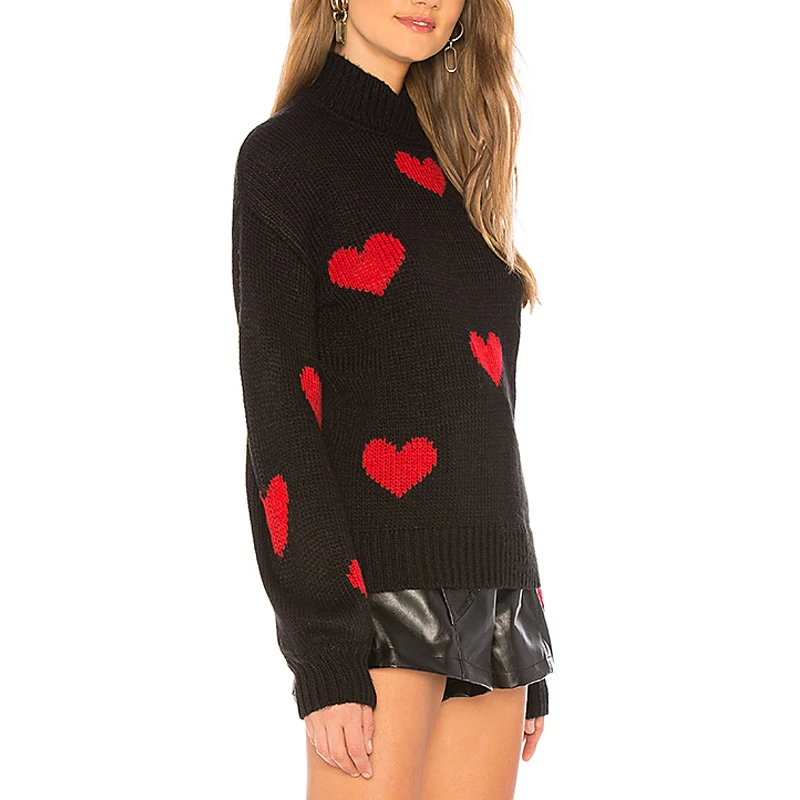 New Arrival High Neck Knitted Pull Femme Fashion Streetwear Heart Sweater Women Soft Warm Long Sleeve Winter Sweater Women