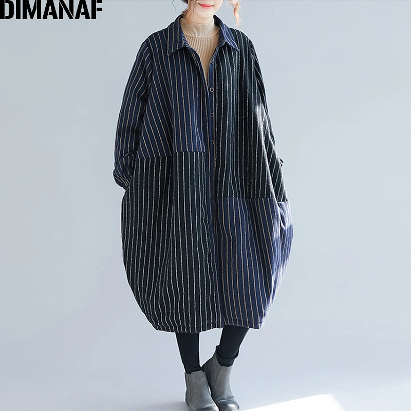 DIMANAF, Осень-зима, женские парки, пальто, хлопок, утолщенная, теплая, плюс размер, женская, винтажная, в полоску, свободная верхняя одежда, одежда