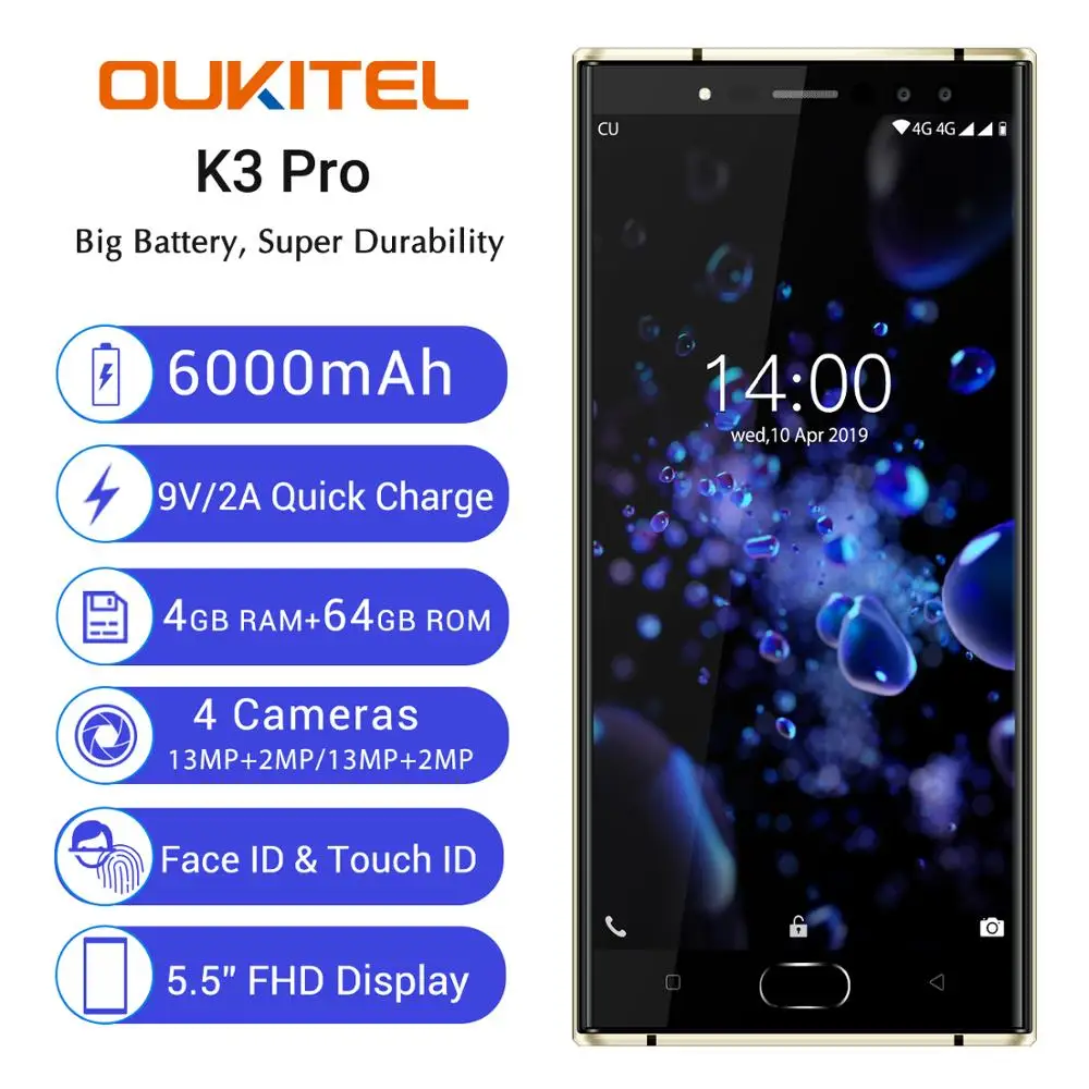 Мобильный телефон Oukitel K3 Pro Android MT6763 Octa Core 4 Гб 64 Гб 5," FHD экран 6000 мАч 4 камеры 9 в 2 а Быстрая зарядка смартфон