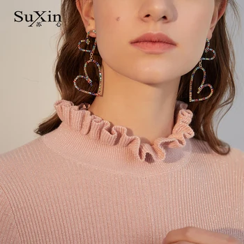 

Suxin 925 silver needle earrings 2020 new temperament hollow double heart earrings women long love pendant earrings jewelry gift