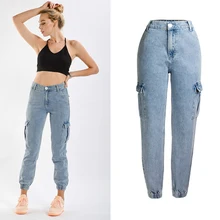 Осенние новые женские джинсы с высокой талией свободные широкие джинсовые штаны-шаровары женский эластичный пояс большие карманные джинсы с инструментами D490