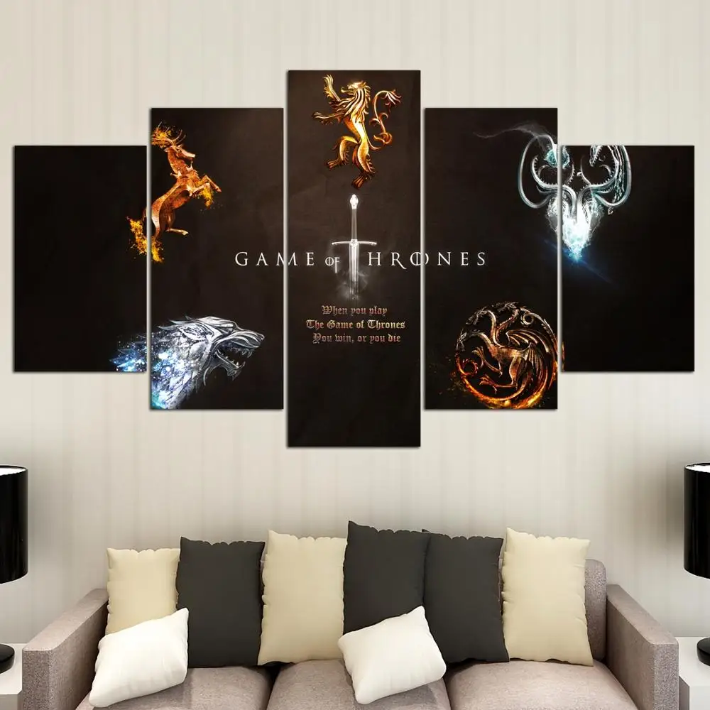 

Modern Printed Abstract Pictures Decor Living Room 5 Pieces Game Of Thrones Painting Frame Modular Canvas Dragon Poster Wall Art