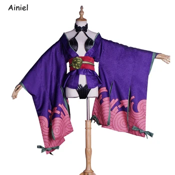 

FGO Fate/Grand Order Cosplay Shuten Douji Costume Purple Kimono Assassin Cosplay Skirt Leg Armor Sexy Girl Dress Bra Shorts
