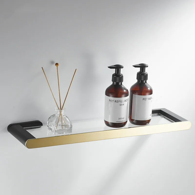 

Brushed Gold Brass Glass Bathroom Shelf Soap Cosmetic Shower Shampoo Holder Bath Accessories Storage Organizer Rack Wall Mounted