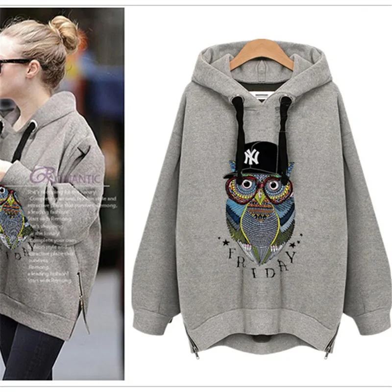 Autumn Winter Hoodies Sweatshirts Women Owl Plus Size Long Sleeve Pullover Thick Oversized Casual H