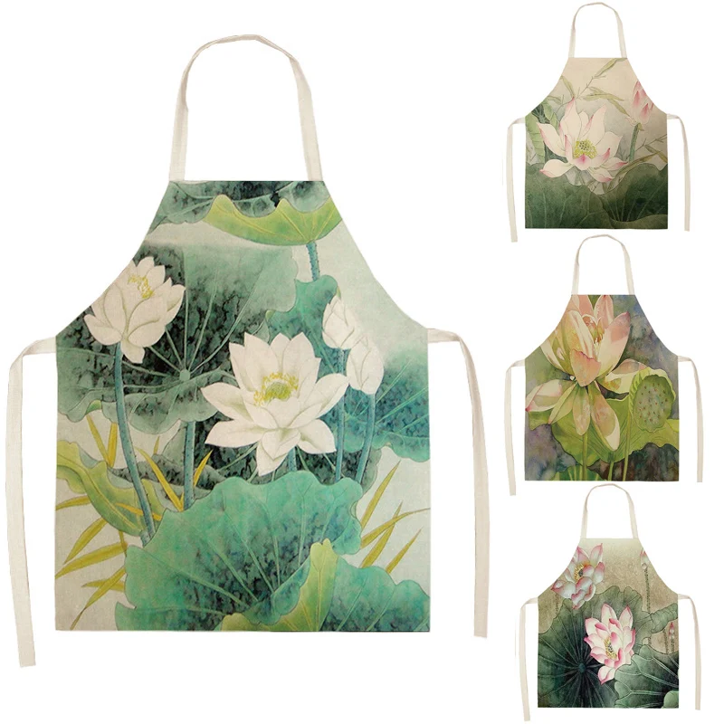 

High-Quality Flower Lotus Pattern Women Lady Apron for Home Kitchen Restaurant Cooking Bib Aprons Catering Anti-Fouling