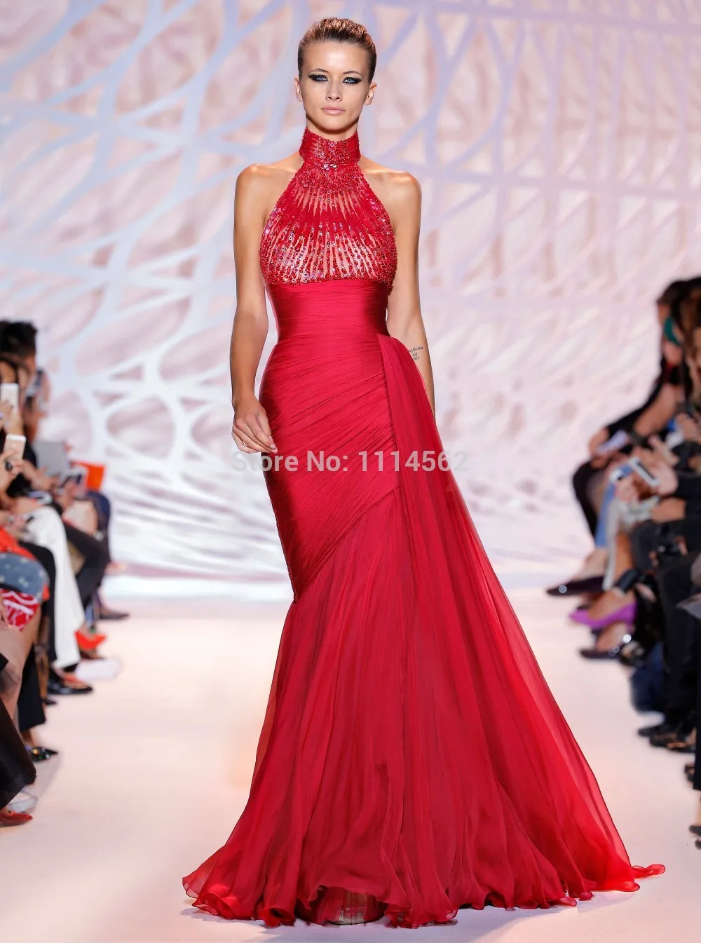 Красный Роскошные Zuhair Murad Вечерние платья Русалка Высокая шея спинки двор поезд расшитый бисером блесток шифон Красный платье выпускного вечера на заказ - Цвет: Красный
