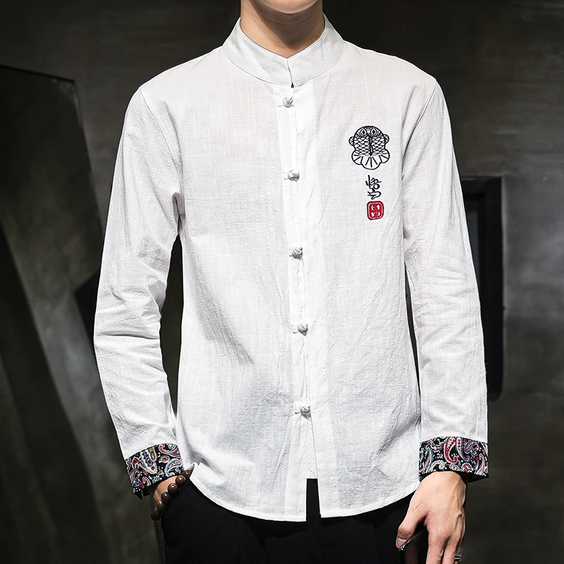 Sinicism Store, Осенние хлопковые льняные рубашки с вышивкой, мужские кимоно, традиционные рубашки с открытой строчкой, мужская рубашка в китайском стиле - Цвет: White(AsianSize)