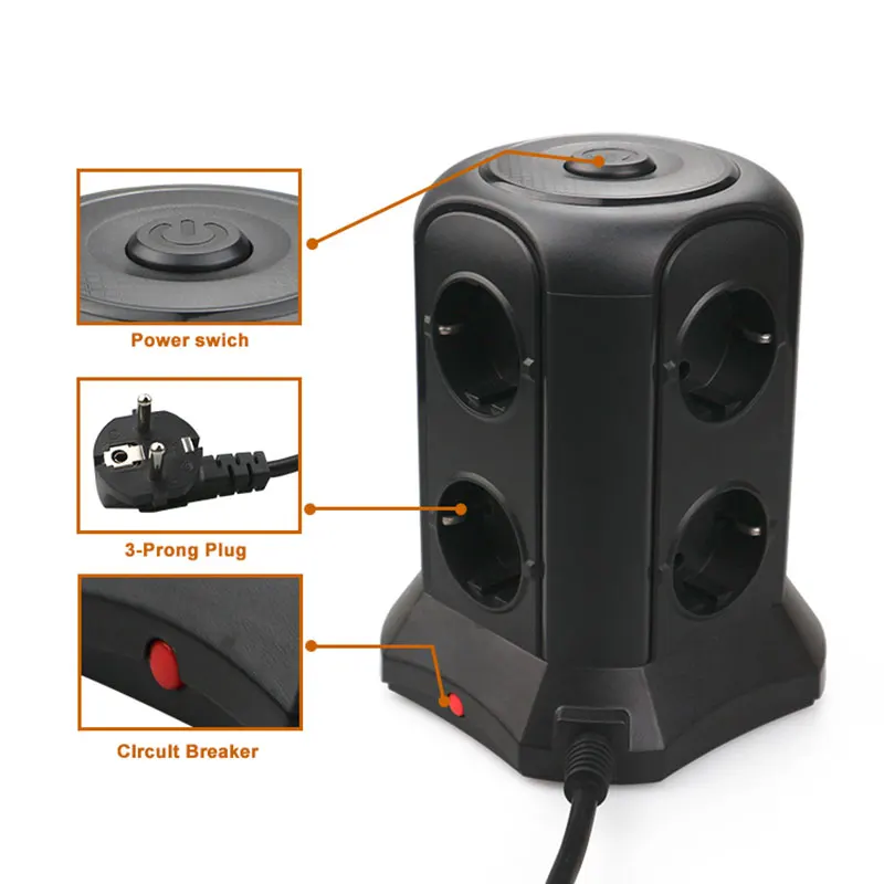 TESSAN 12-Way Socket Strip (2500W / 10A) 5 USB Ports, Multiple Sockets with Switch Overload Protection for Home Office, 2m cable