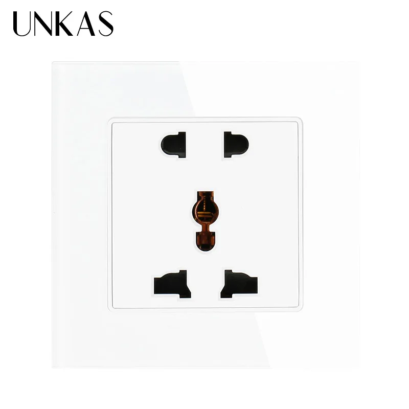 UNKAS, AC 110~ 250 V, настенный выключатель, универсальный, 5 отверстий, розетка, роскошная, 13A, настенная розетка, белая, Хрустальная, стеклянная панель - Тип: White
