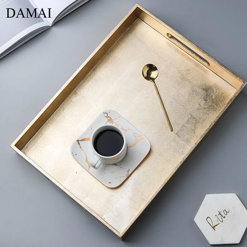 

Деревянные Подносы в скандинавском стиле, декоративные тарелки с золотыми листьями для тортов, десертов, поднос для послеобеденного чая, украшение для обеденного стола