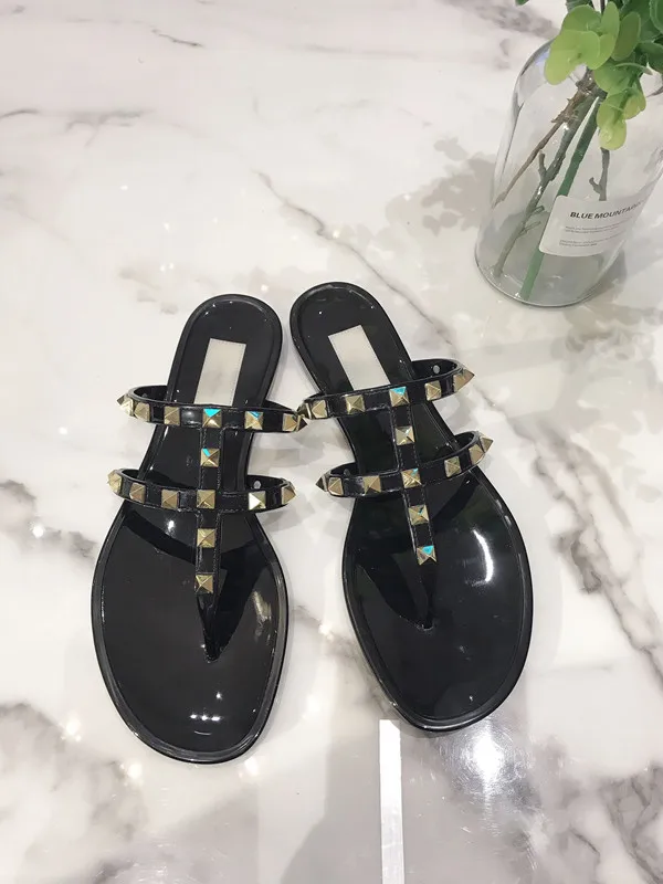Summer Beach Sandals Woman Flip Flops PVC Slides Female Sandals Rivet Bowknot Slip on Flat with Women Studs Slippers Jelly Shoes