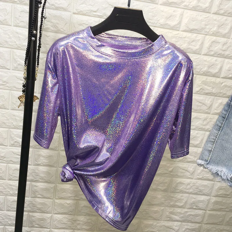 Женская Повседневная футболка с цветным светоотражающим принтом и коротким