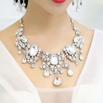 

2Pcs/Set Jewelry Set Shiny Full Rhinestone Tassel Bridal wedding Necklace Earrings Statement Bib Woman's accesories Necklace Ear