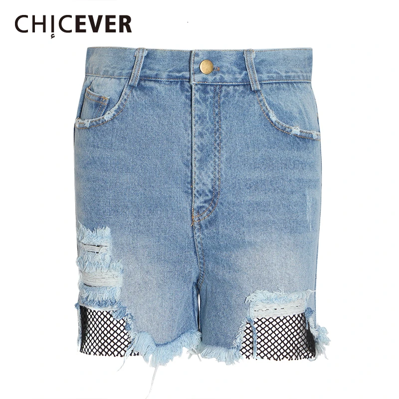 CHICEVER сексуальные Лоскутные сетчатые джинсовые короткие штаны для женщин, высокая талия, открытые карманы, корейские повседневные шорты, джинсовые, модные новые