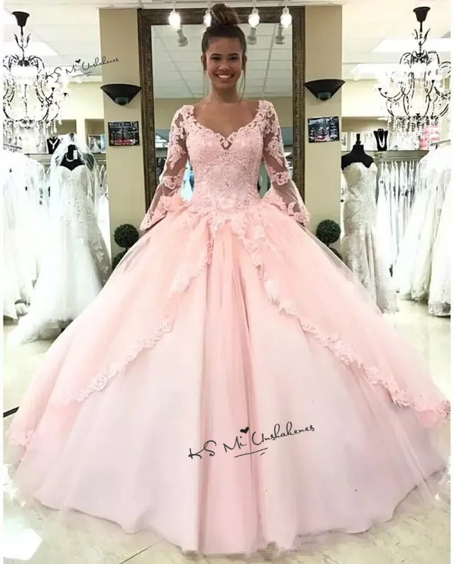 Sweet 16 Dresses Long Sleeve Lace Cheap Quinceanera Dresses Vestido de Debutante Para 15 anos Pink Ball Gowns Dress for 15