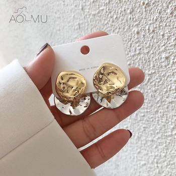 

AOMU S925 Irregular Disc Folds Gold Silver Color Removable Two Ways To Wear Metal Stud Earrings for Women Gift Party