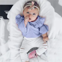 Красивая осенне-зимняя одежда для маленьких девочек, комплект из 2 предметов пуловер в полоску с длинными рукавами и оборками синий свитер Топы+ штаны J6