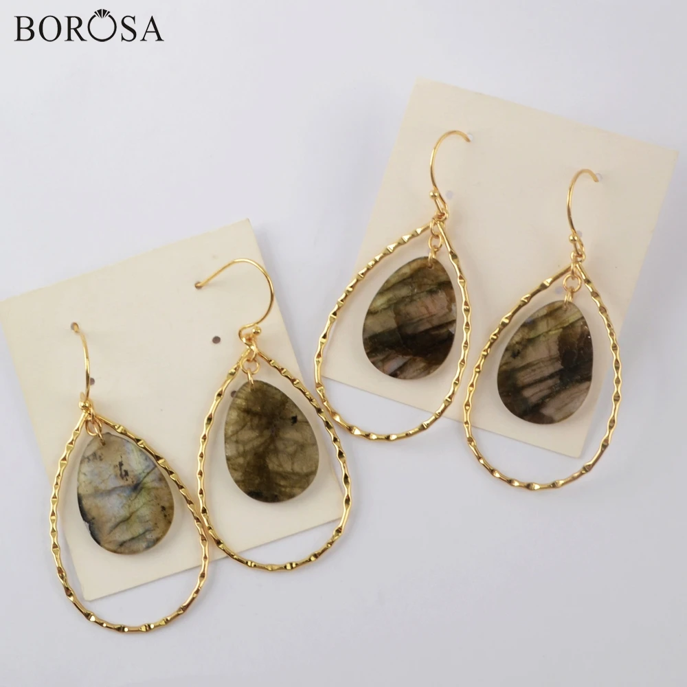 BOROSA 5/10 пар в комплекте; Лабрадорит Длинные Висячие серьги золотые серьги-гвоздики с Для женщин сережки с натуральным камнем заявление ювелирные изделия G1936