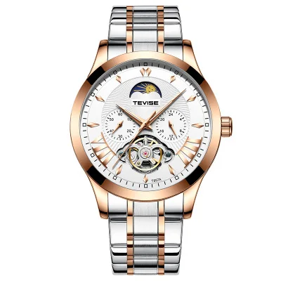 Silver-Rose-White TEVISE Топ бренд класса люкс automatic Tourbillon Мужские механические часы модный стальной ремень Moon Phase светящиеся водонепроницаемые часы - Color: Silver-Rose-White