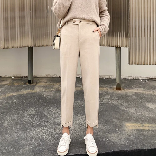 Light Khaki Зимние женские штаны с высокой талией, шаровары с неровным низом, корейские элегантные брюки длиной до лодыжки, Женские официальные брюки - Цвет: Light Khaki