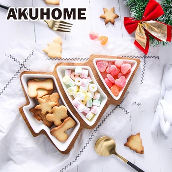 

Ceramic Plate Christams Tree Plate with Wooden Tray Creative Snack Fruit Salad Plate Christmas Dishes