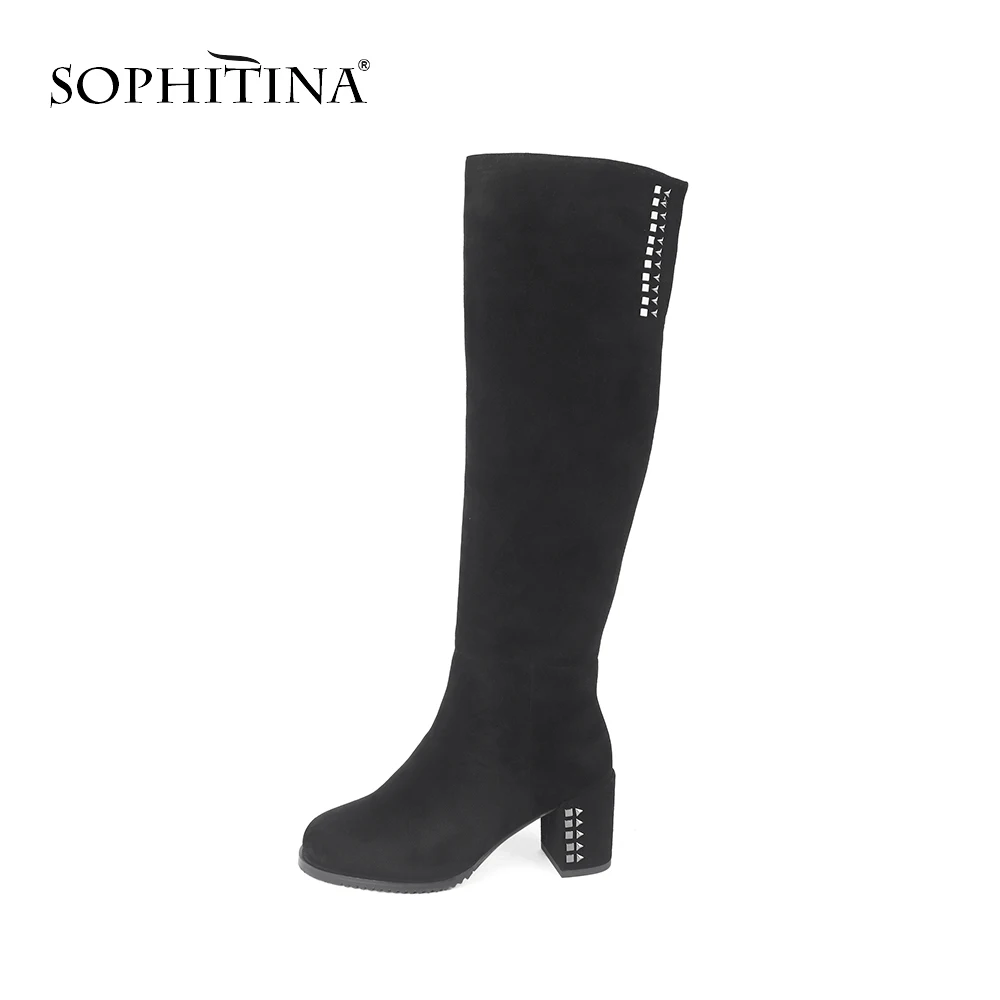 SOPHITINA Brand Boots Woman Handmade Round Toe Square High Heel Winter Boots Kid Suede Knee High Wool Fur Shoes SC206