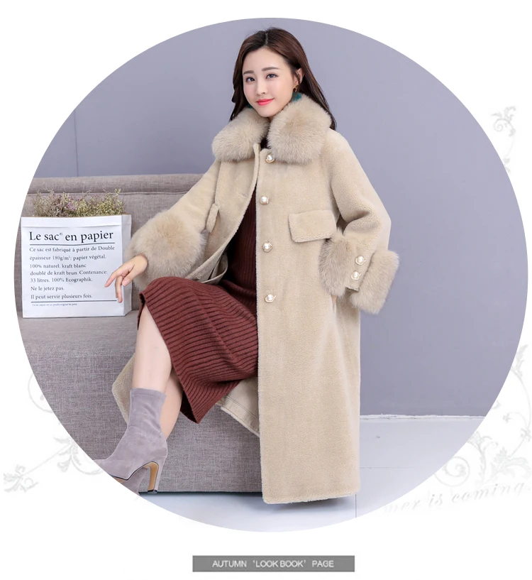 Women winter faux fox fur collar warm artificial sheep fur cashmere fabric medium long coat casacos abrigos plus size MLXLXXL4XL