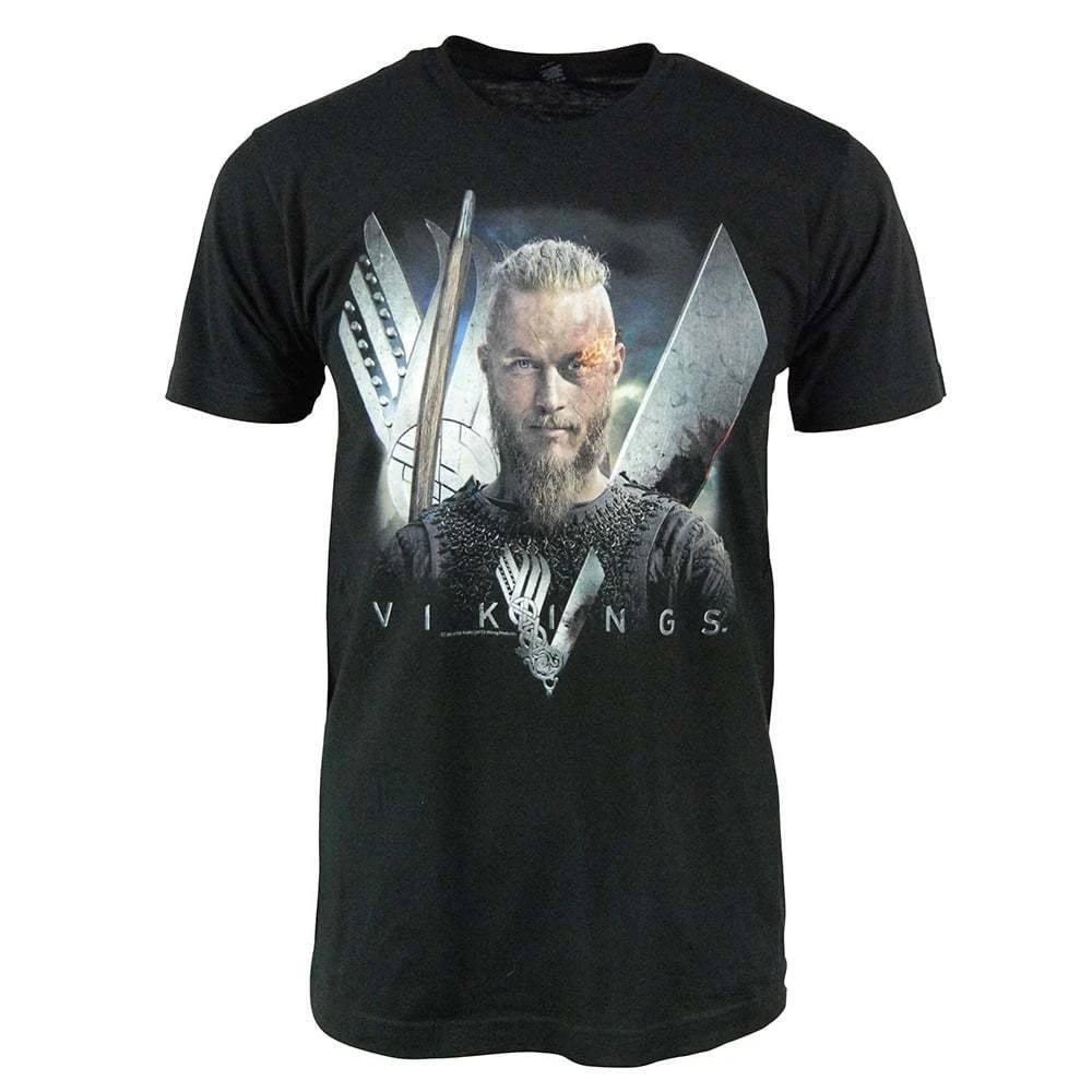 

Mens VIKINGS Ragnar Lothbrok T-shirt New Logo TV Series Black Official Licensed