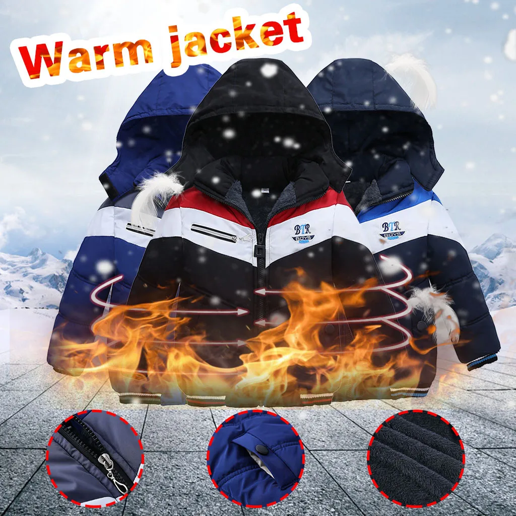

2020 Boys Winter Stripe Jacket Zipper Hooded Windproof Coat Fashion stitching printing Warm artifact Multi-color multi-code Y4