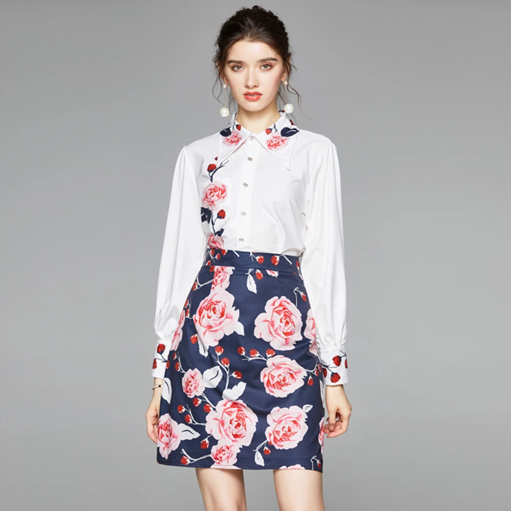

Merchall Fashion Runway Autumn Skirts Two Piece Set Women's Floral Print Long Sleeve Shirts Blouses + Vintage Mini Skirt Set