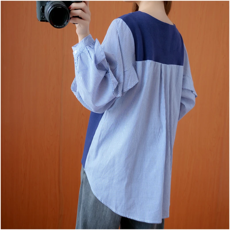 DIMANAF Plus Size Women T-Shirt Female Ruffles Long Sleeve Tops Tees Tunic Cotton Striped Spliced Loose tshirt Autumn Clothing