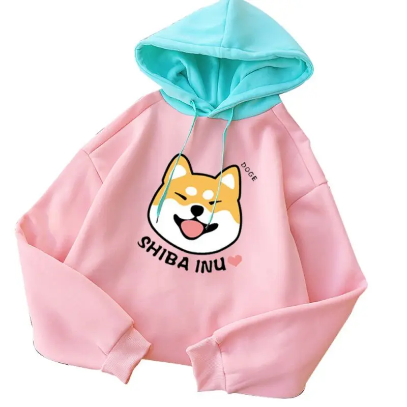Осенне-зимний пуловер для женщин из флиса Kawaii Мультфильм Шиба ину толстовка с капюшоном модная повседневная одежда с принтом собаки Harajuku женская верхняя одежда