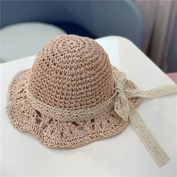 

Cute Child Girls Straw hat Bowknot Sun Hat Kids Large Brim Beach Summer Boater Beach Ribbon Round Flat Top