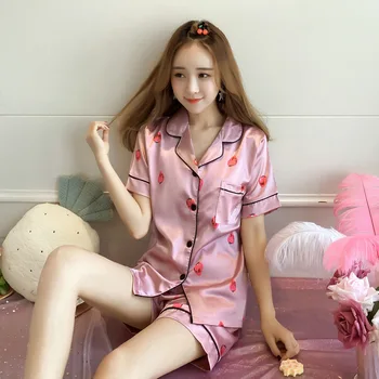 

2020 Pajamas Plus Fat Large Size 200 Can Wear Summer Short-Sleeved Shorts Cardigan Fat Mm Women's Silk-like Home Clothes