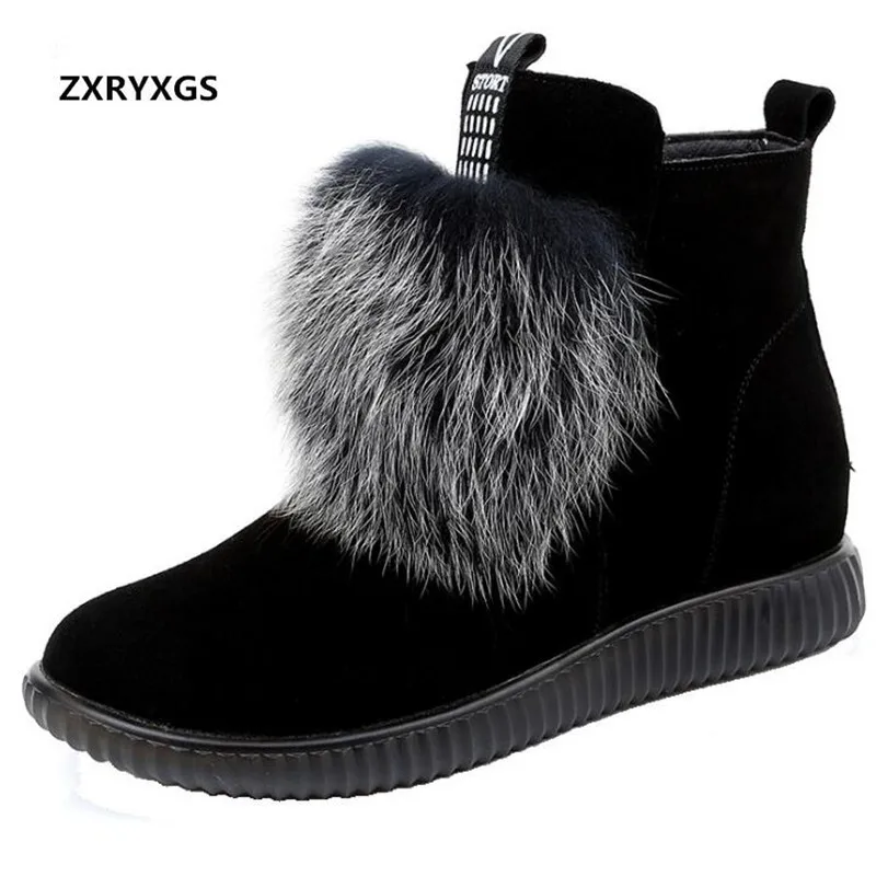 

New Fashion Real Fox Fur Decoration Real Cowhide Matte Leather Boots Winter Warm Shoes Flat Non-slip Warm Snow Boots Women Boots