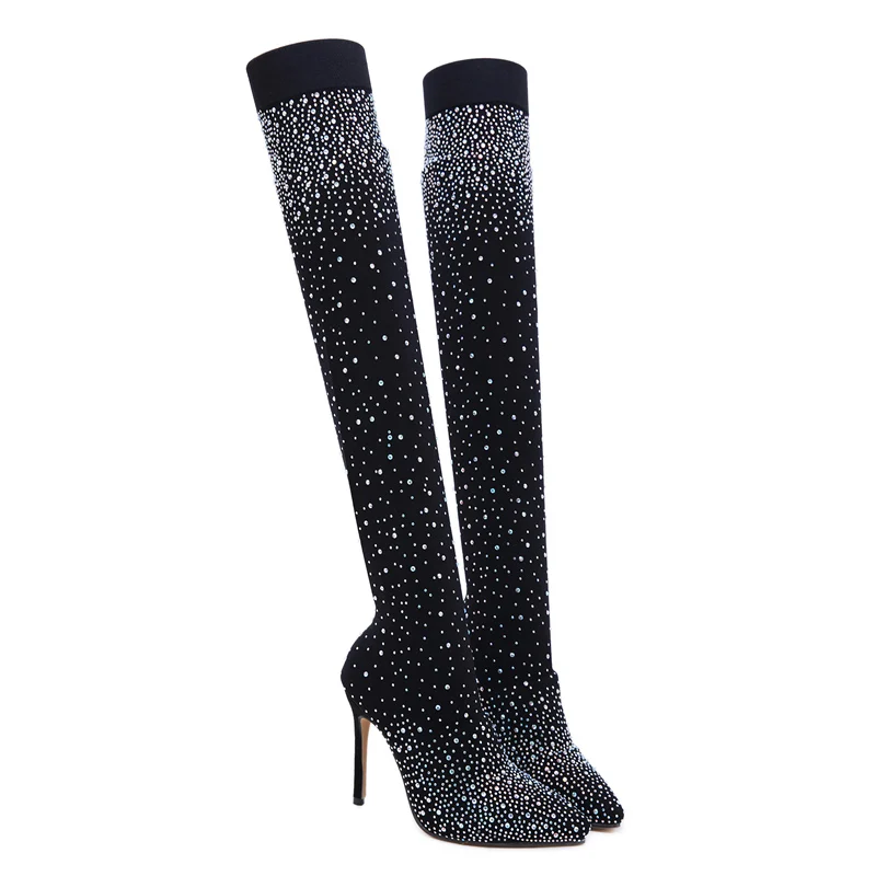 Fashion Women Over The Knee High Thigh Sock Boots 11.5cm High Heels Crystal Diamond Stripper Long Thigh Fetish Boots Shoes