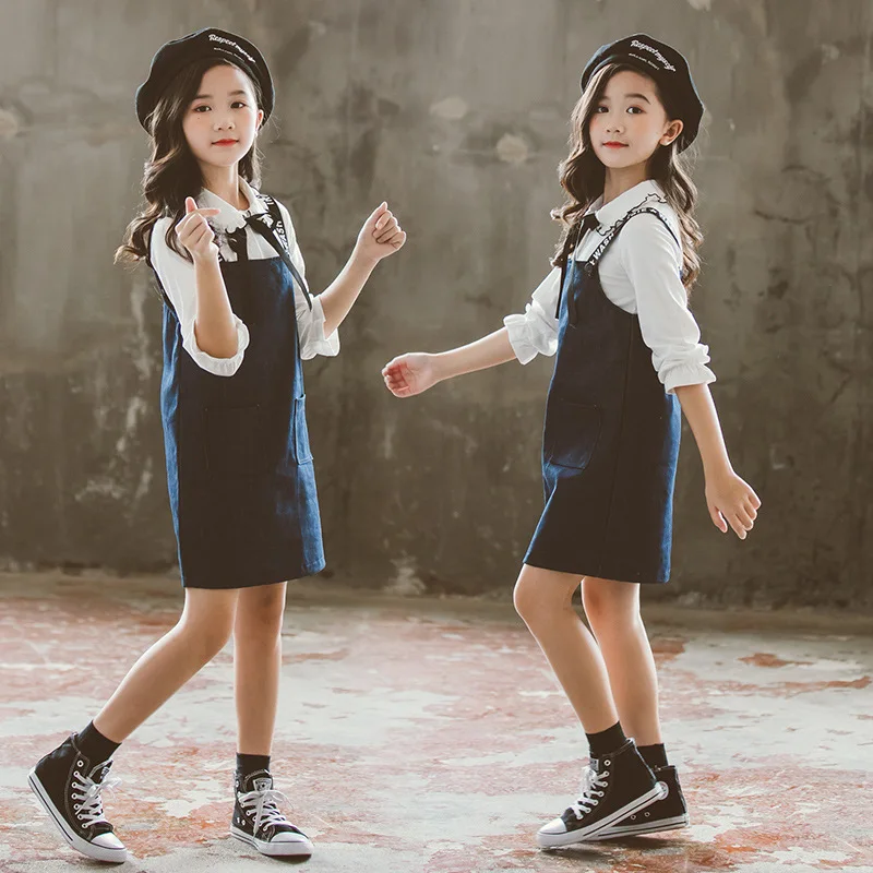 Детская одежда для девочек комплект осенней одежды г. корейский пуловер с кружевом Топ+ юбка на подтяжках весенне-осенняя юбка, наряды для детей от 10 до 12 лет